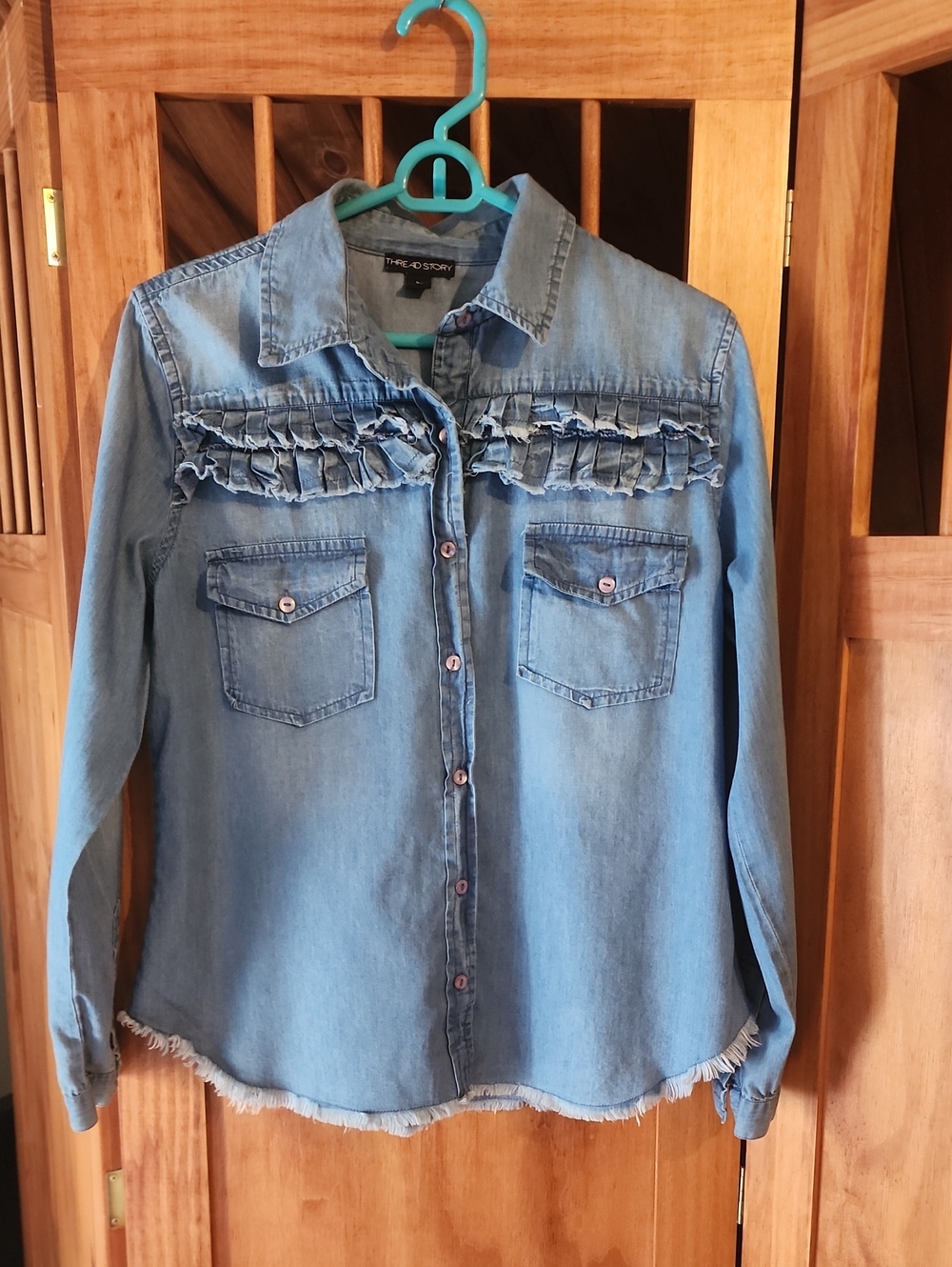 THREADSTORY Light Blue Denim Look Ruffle Button-Down Shirt